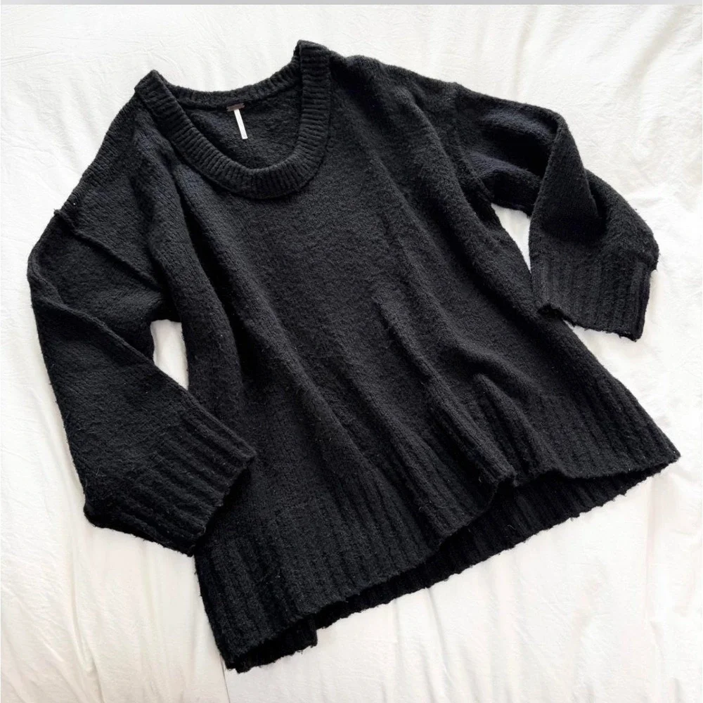 Free People Brookside Slouchy Knit Sweater Black Off Shoulder Oversized XS